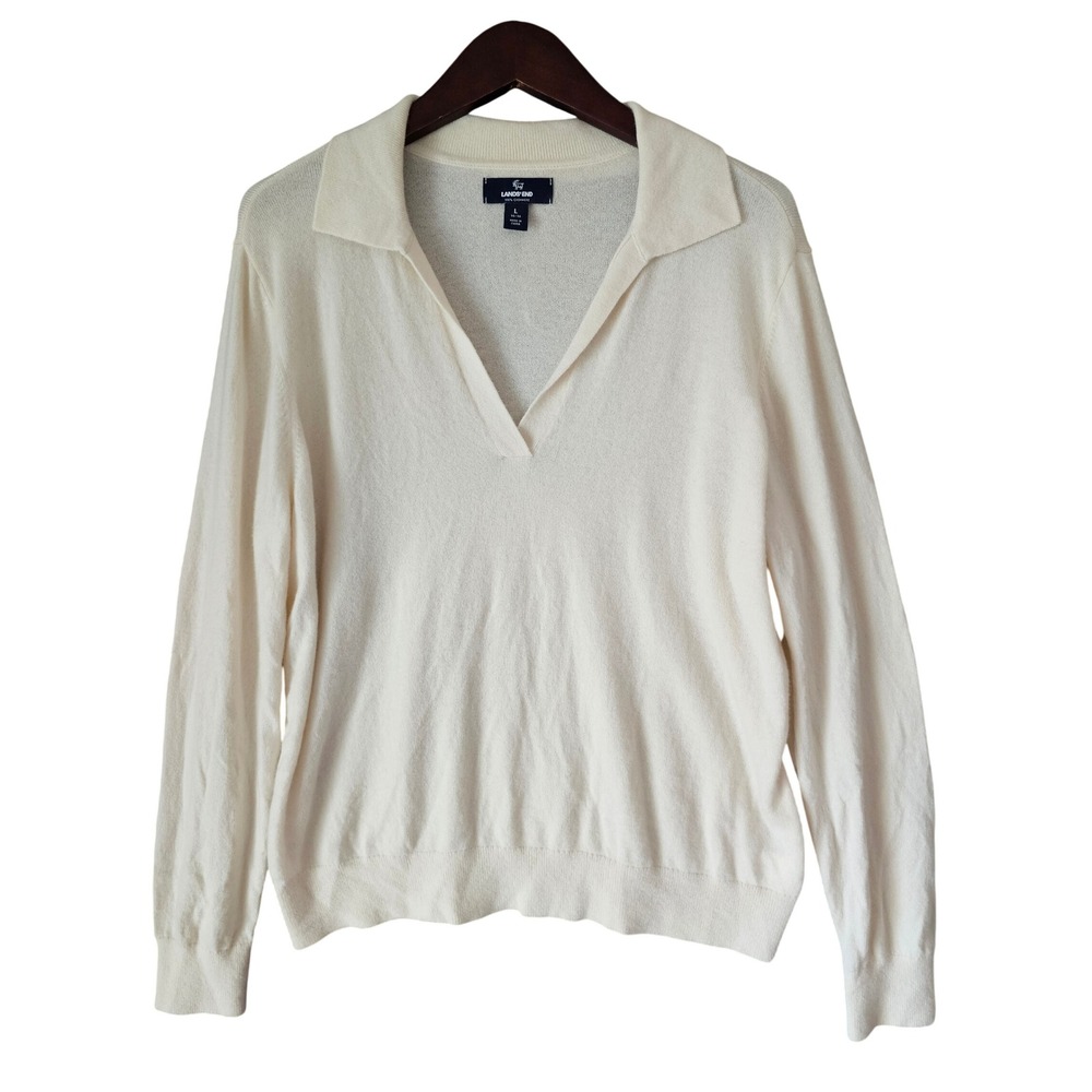 Lands End Womens 100% Cashmere Polo V-Neck Sweater Ivory Cream Large 14-16